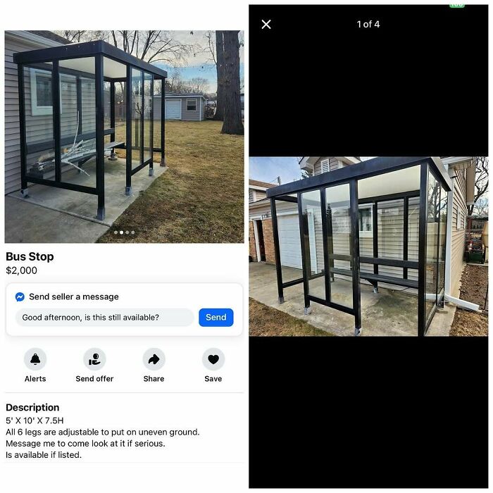 Adjustable bus stop shelter listed on Facebook Marketplace for sale