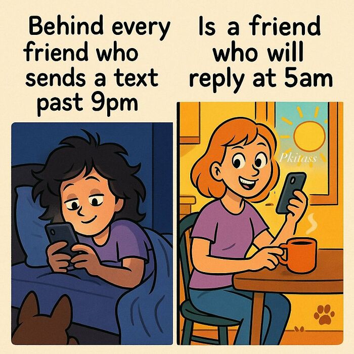 A meme depicting a friend texting late at night and another friend replying at 5 AM. Monster in bed laughter random memes.