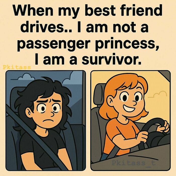 A meme for laughter: a person terrified as a passenger, then smiling confidently driving.