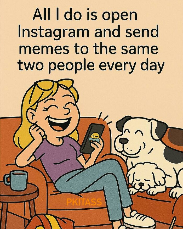 Cartoon woman laughing, on a couch with two dogs, sending random memes on her phone.