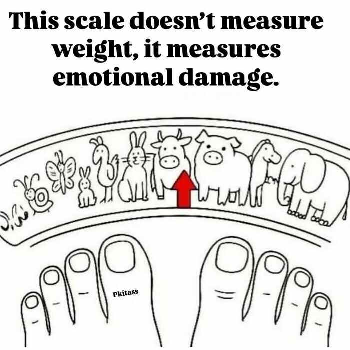 A person's feet on a scale that measures emotional damage instead of weight, a random meme bringing laughter.