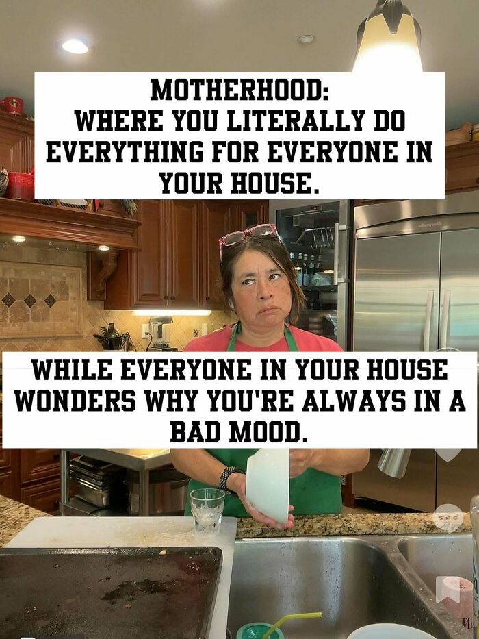 A woman in a kitchen with a meme about motherhood, doing everything for everyone. Relatable random memes.