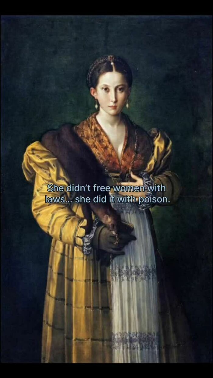 Historical portrait of a woman with a caption about freeing women with poison historical facts