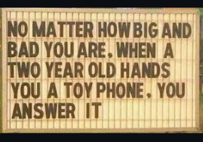 Funny meme billboard: NO MATTER HOW BIG AND BAD YOU ARE. WHEN A TWO-YEAR-OLD HANDS YOU A TOY PHONE, YOU ANSWER IT. Bring out the laughter!
