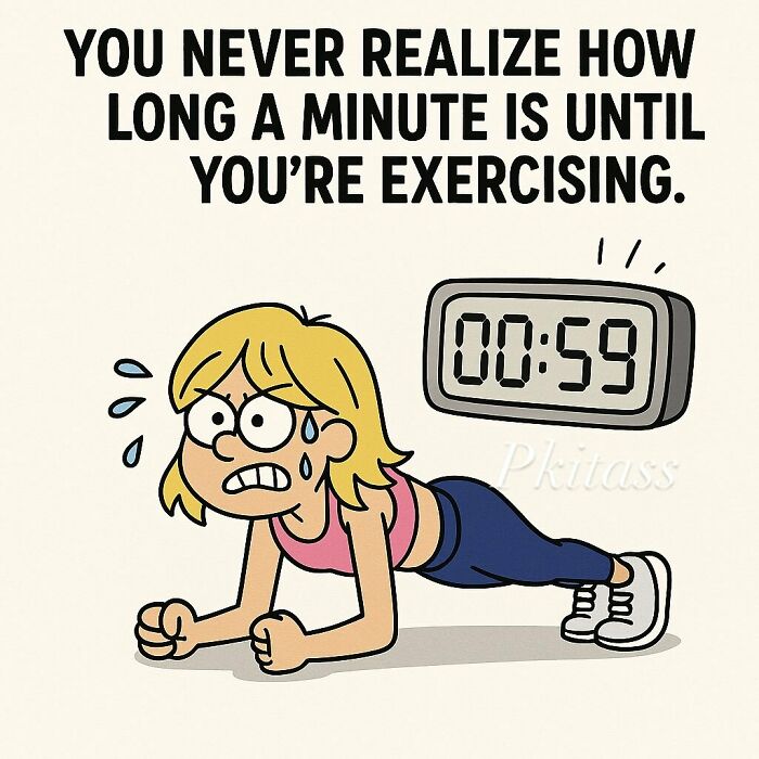 A humorous meme of a woman struggling during a plank exercise as a minute feels endless, for laughter and fun.