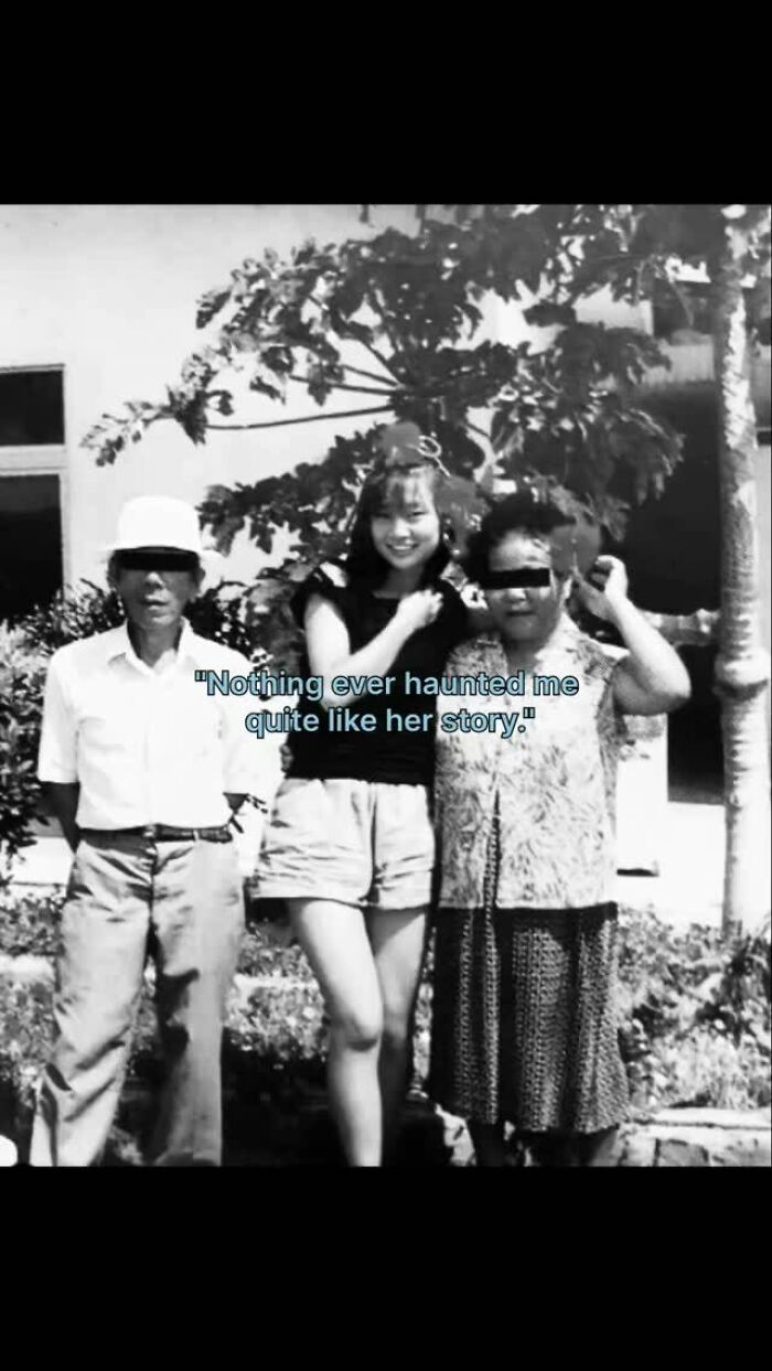 Black and white photo of a family with text about a haunting historical story