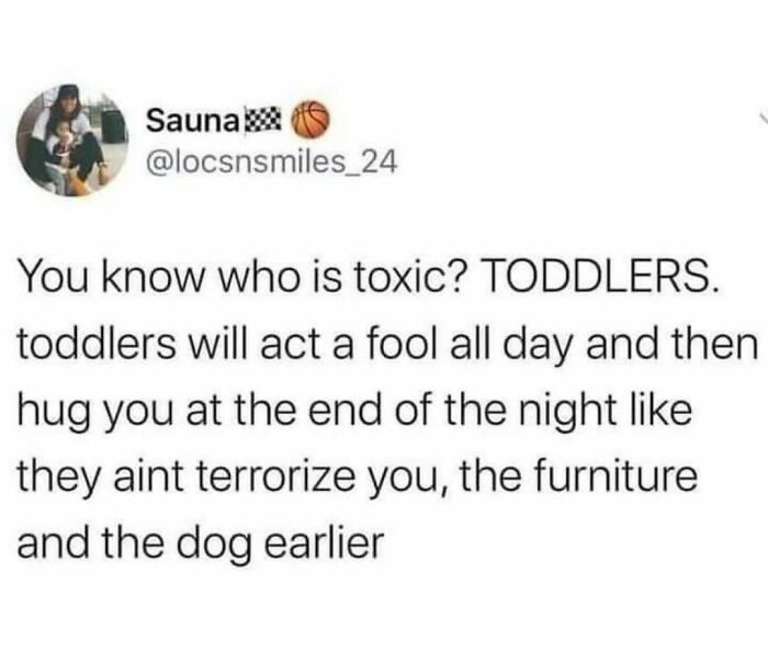 A text post from Sauna about how toxic toddlers are. Relatable memes for laughter when you need it most.
