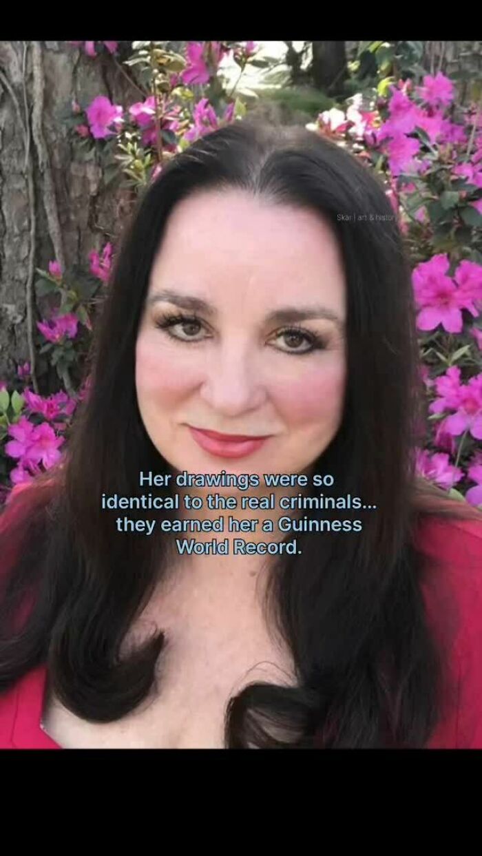 Close-up portrait of a woman with text about her criminal drawings earning a Guinness World Record