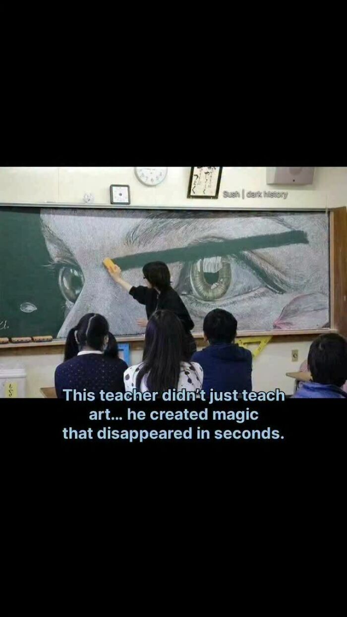 Teacher creating disappearing chalk art magic in classroom in horrifying historical facts