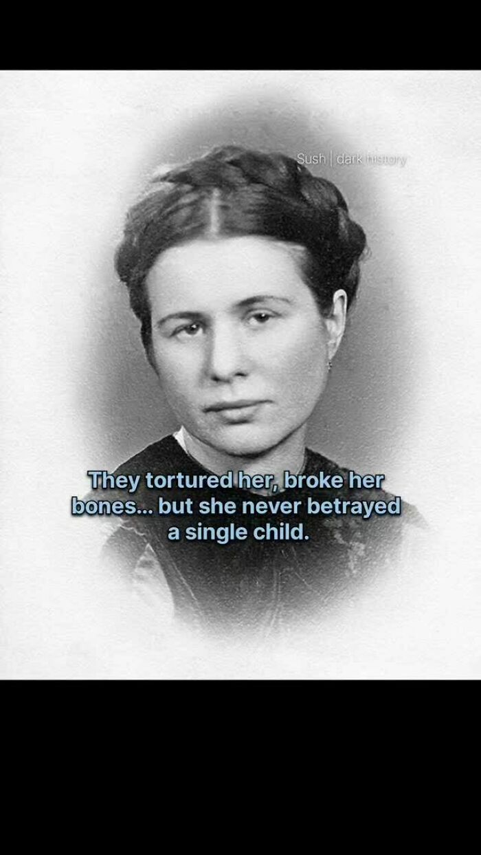 Black and white photo of a woman with text about t*****e and betrayal in creepy historical facts