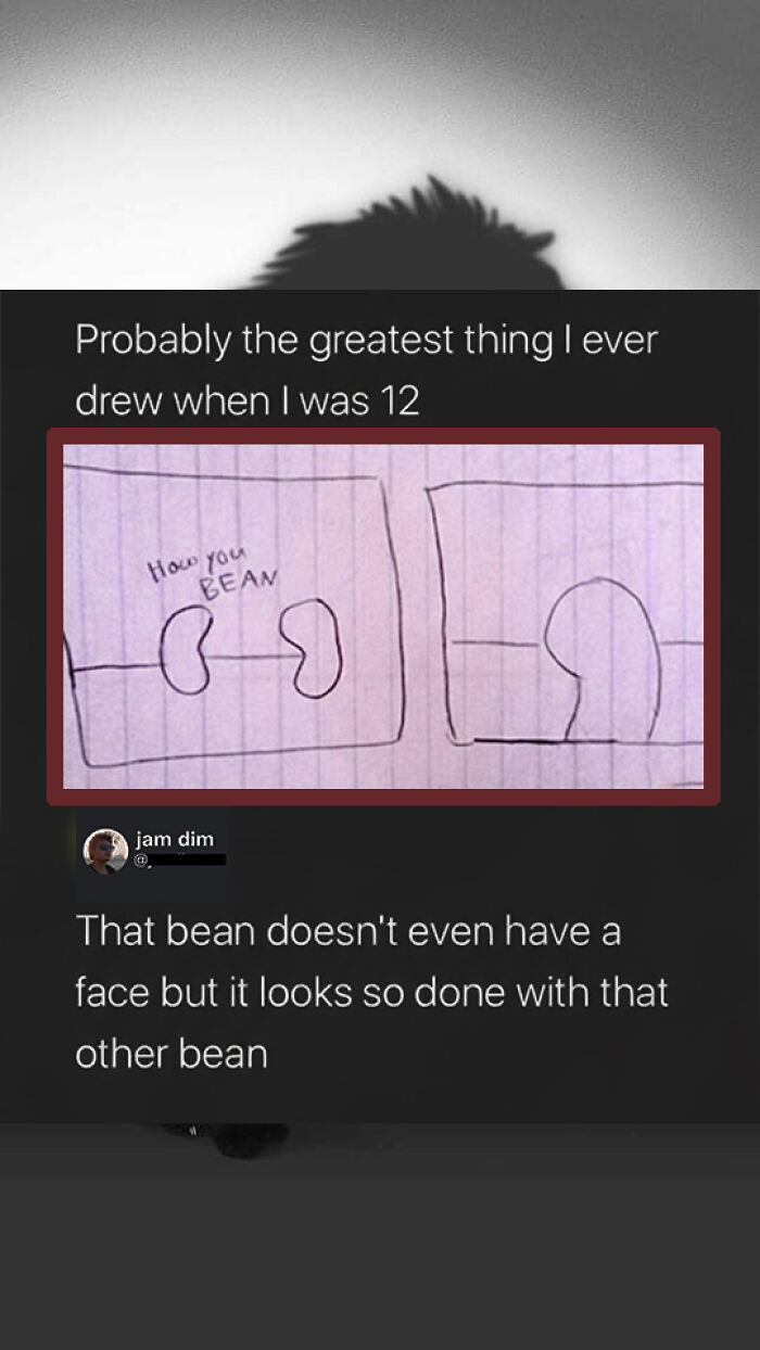 Clever bean drawing joke with face-less bean caption from savage comments