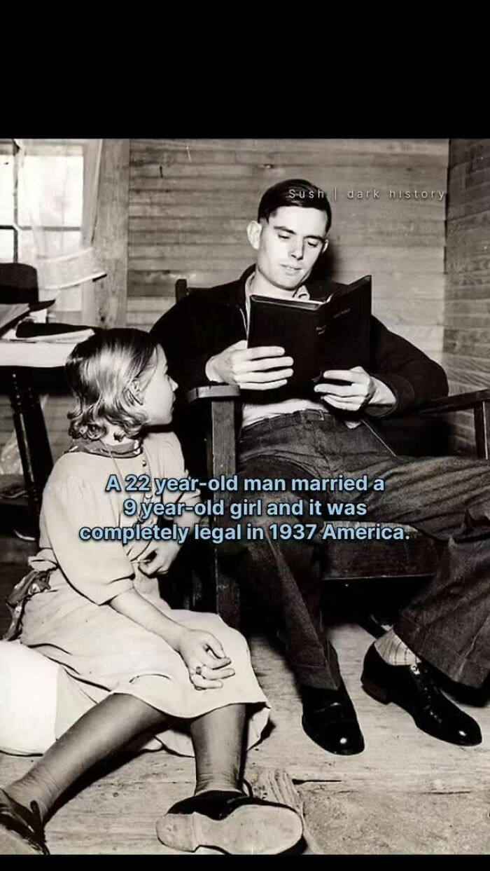 Black and white photo of a man and a girl with text on legal child marriage in 1937 America