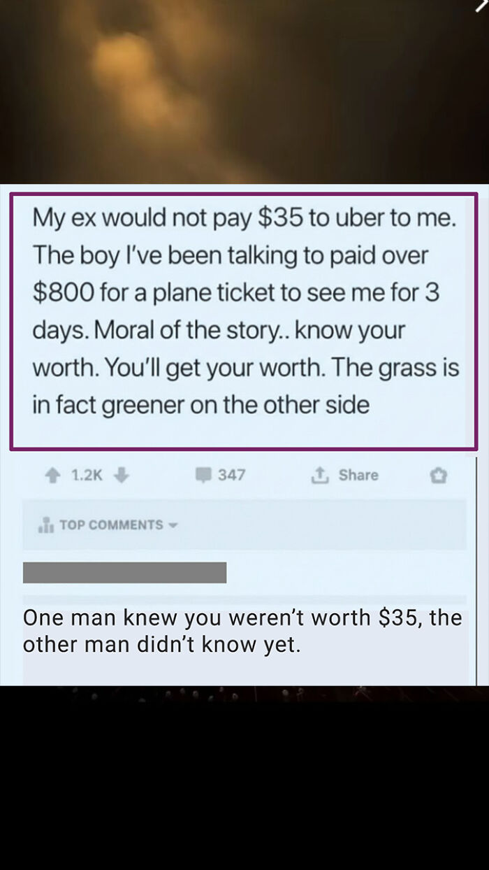 Savage comment on worth and relationship comparing ex and new partner payments