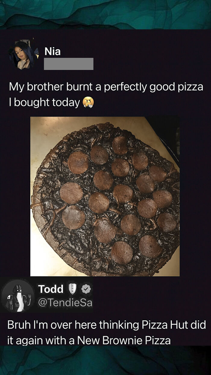 Burnt pizza resembling a brownie pizza with pepperoni pieces