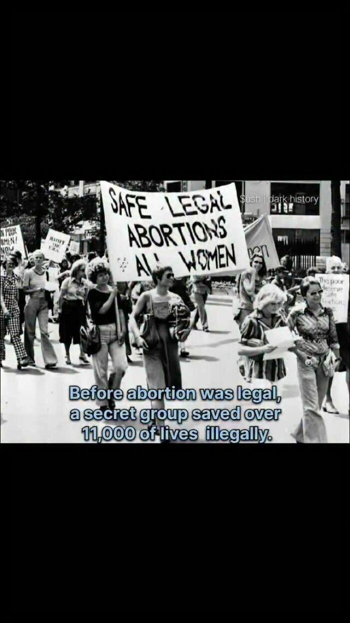 Historical black and white photo of women protesting for safe legal abortions saving thousands of lives