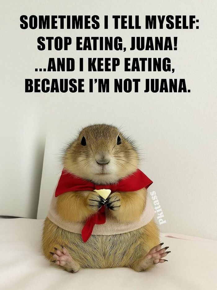 Cute prairie dog in a red cape and shirt, holding food, next to a funny meme. Brings laughter to you.