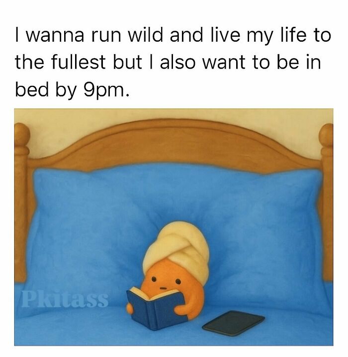 Funny memes show an orange character in bed with a book, with text about wanting to run wild and be in bed by 9pm.