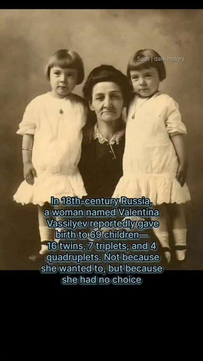 Vintage photo of a woman with twins, describing 18th-century Russian woman who gave birth to 69 children