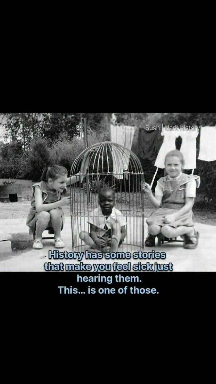 Black child in a cage surrounded by white girls historical dark history