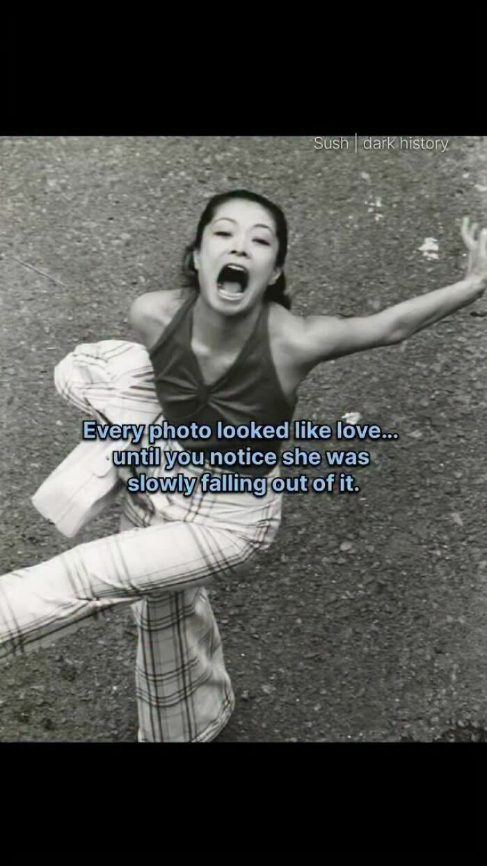 Black and white image of a woman falling with a caption about creepy historical facts in photos