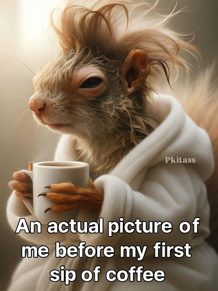 A fluffy-haired squirrel in a white robe, holding a coffee mug, looking sleepy before coffee. Random memes for laughter.