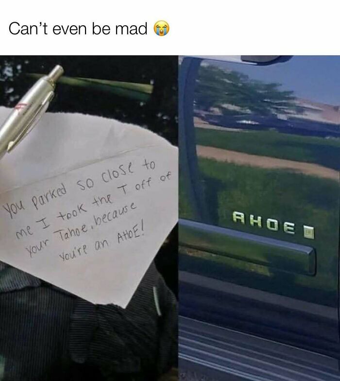 Funny parking note removing letter T from Tahoe badge on car