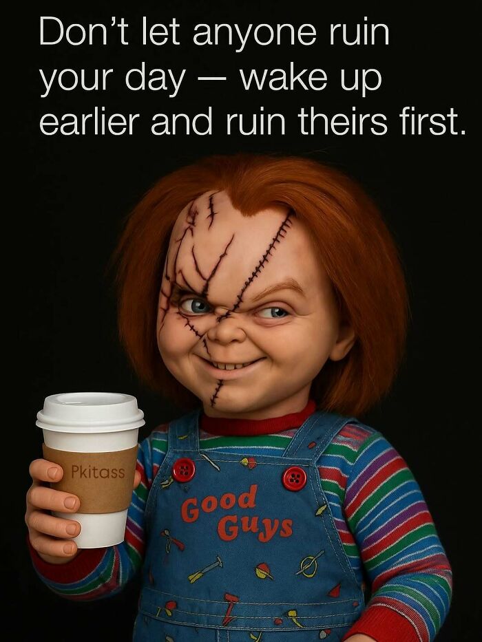 A meme of Chucky smiling, holding a coffee, with text: "Don't let anyone ruin your day – wake up earlier and ruin theirs first." This monster-like image brings laughter.