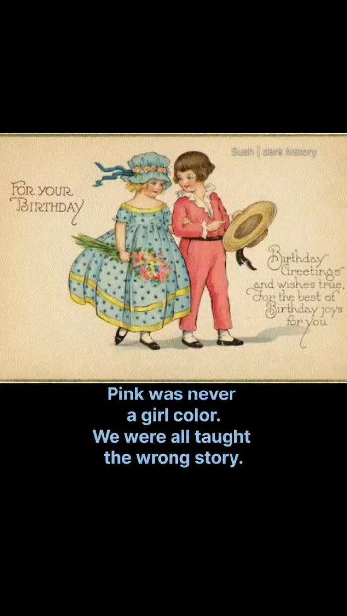 Vintage birthday card shows children and states pink was never a girl color in historical facts