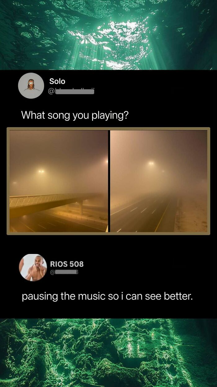 Funny comment about pausing music to see better with foggy road images