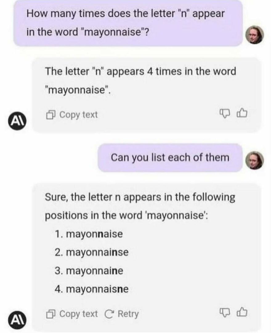 Funny AI chat about counting letter n in mayonnaise with incorrect listing in unhinged posts