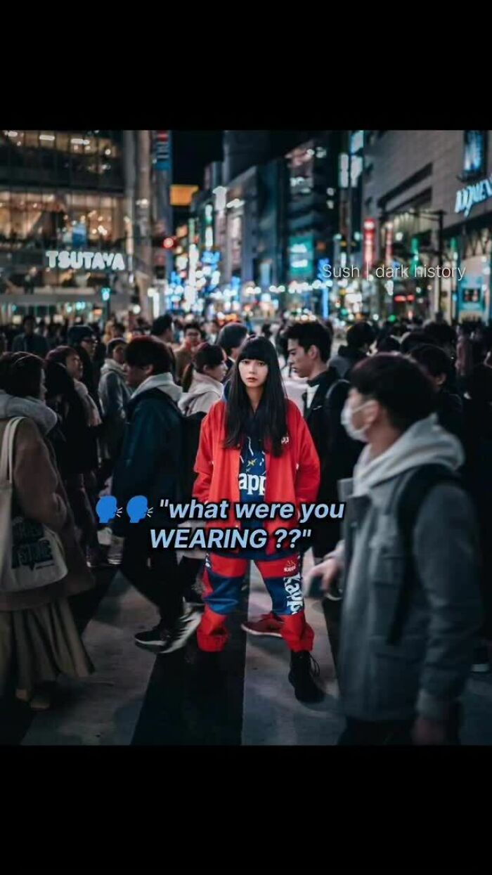 Crowded nighttime city street with a woman in red and text about what were you wearing