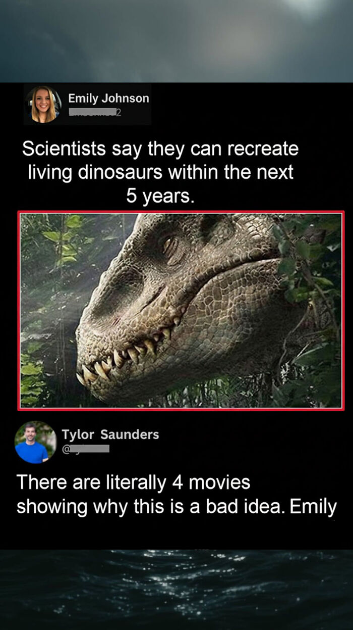 Savage comment discussing recreating dinosaurs and movie warnings