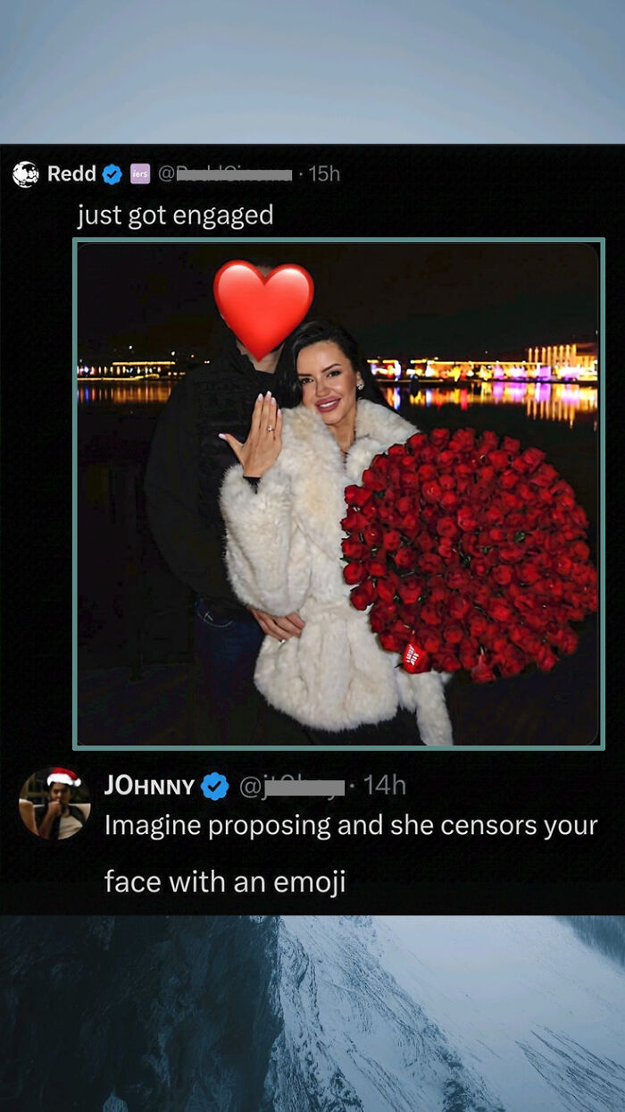 Clever Twitter comment about engagement with bride censoring groom's face with emoji