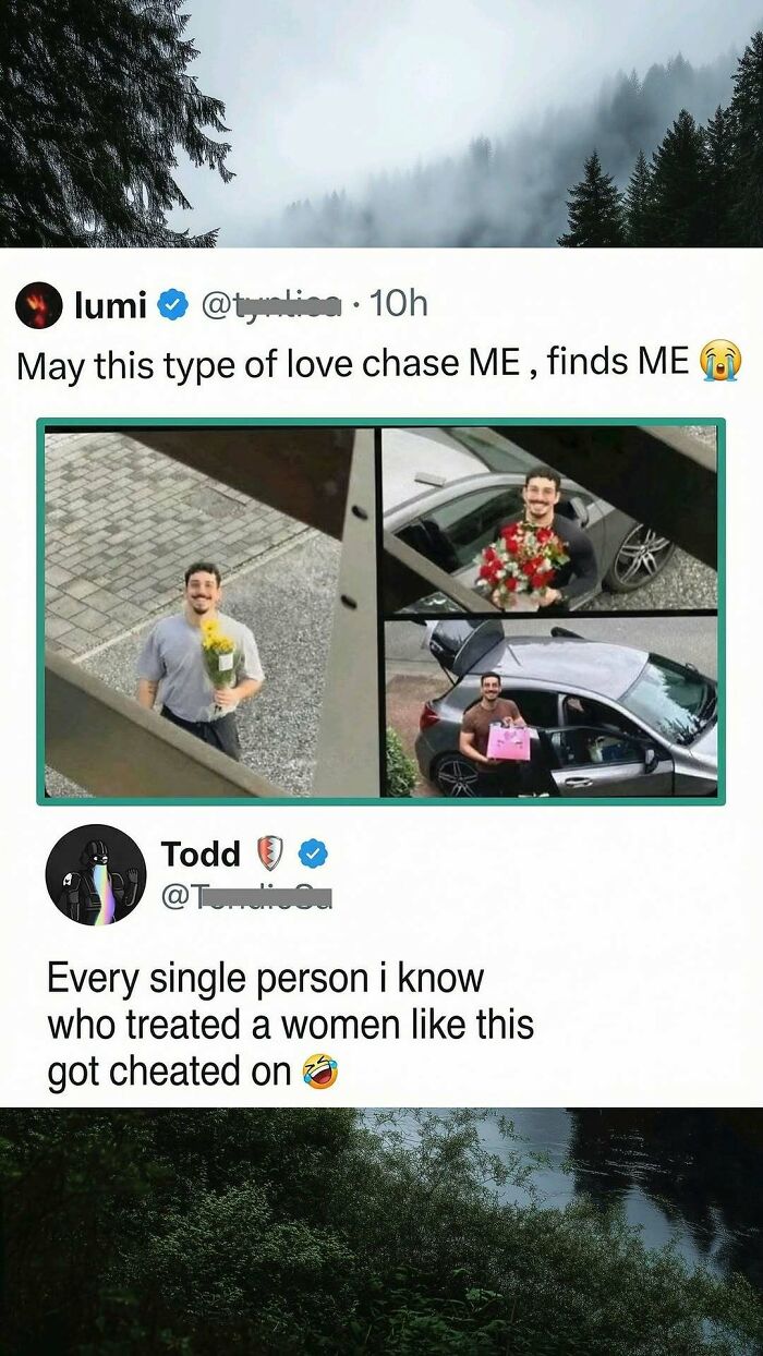Humorous tweet about love and cheating with man holding flowers