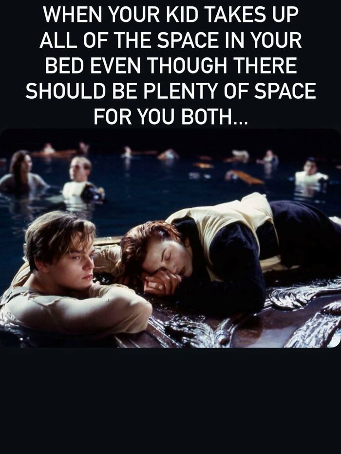 Parenting meme about kids taking all the space in bed