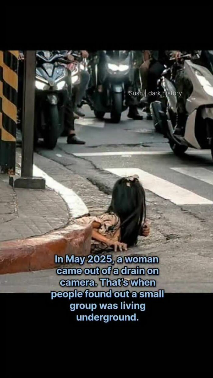 Photo of a woman emerging from a drain highlighting horrifying historical facts about underground living groups