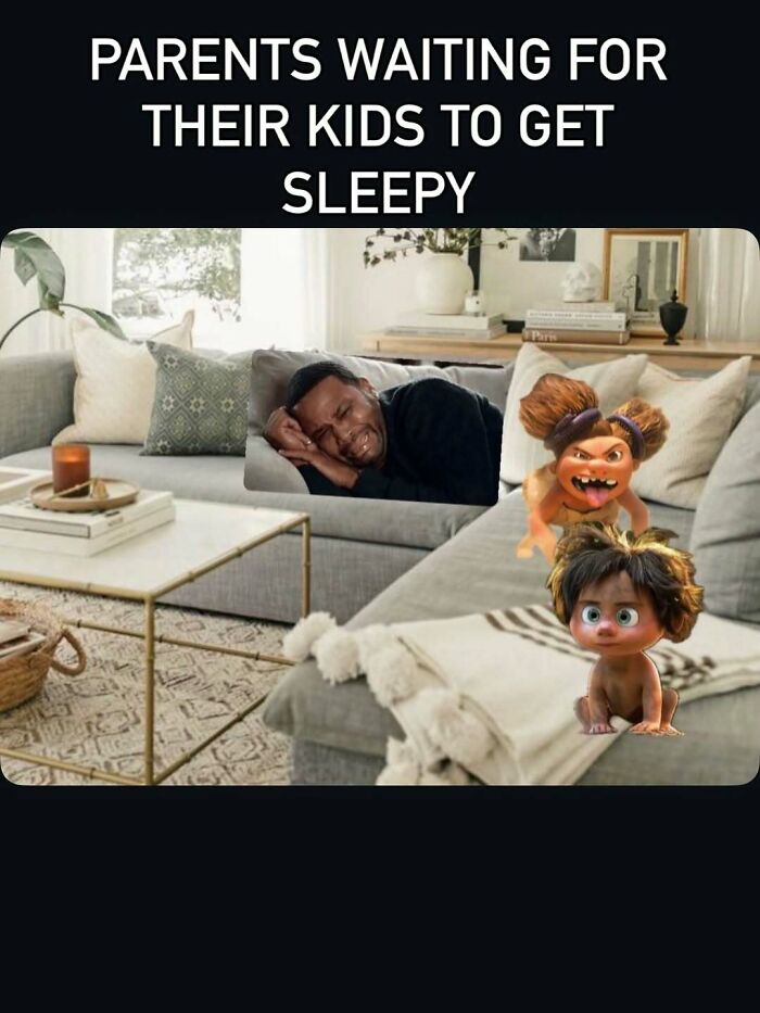 Parents waiting for kids to sleep meme with man resting and toddlers