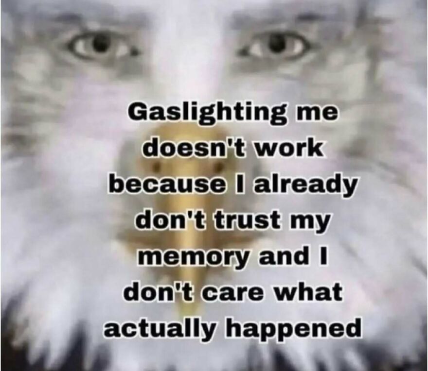 Funny text meme about not trusting memory and gaslighting