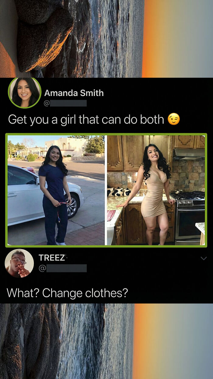 Clever tweet about girl who can change clothes shown in two pictures