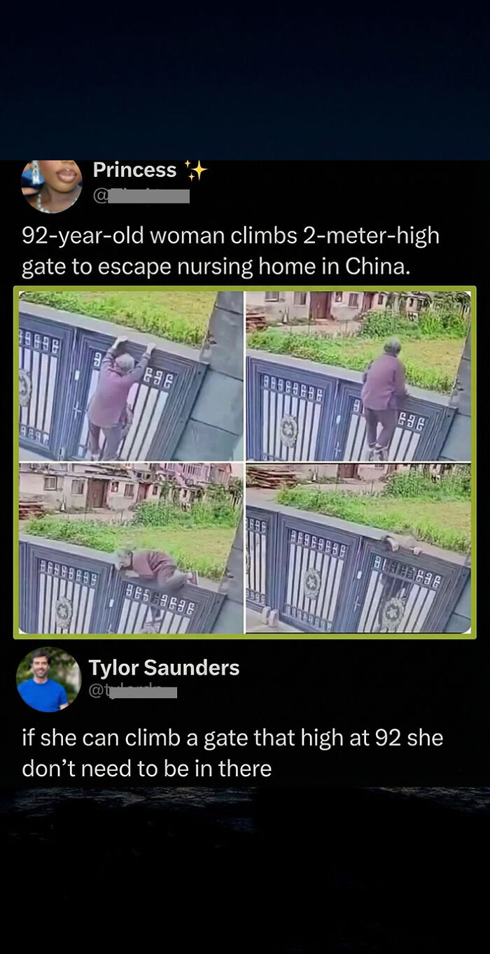 92-year-old woman climbs 2-meter-high gate escaping nursing home in China in clever comment post