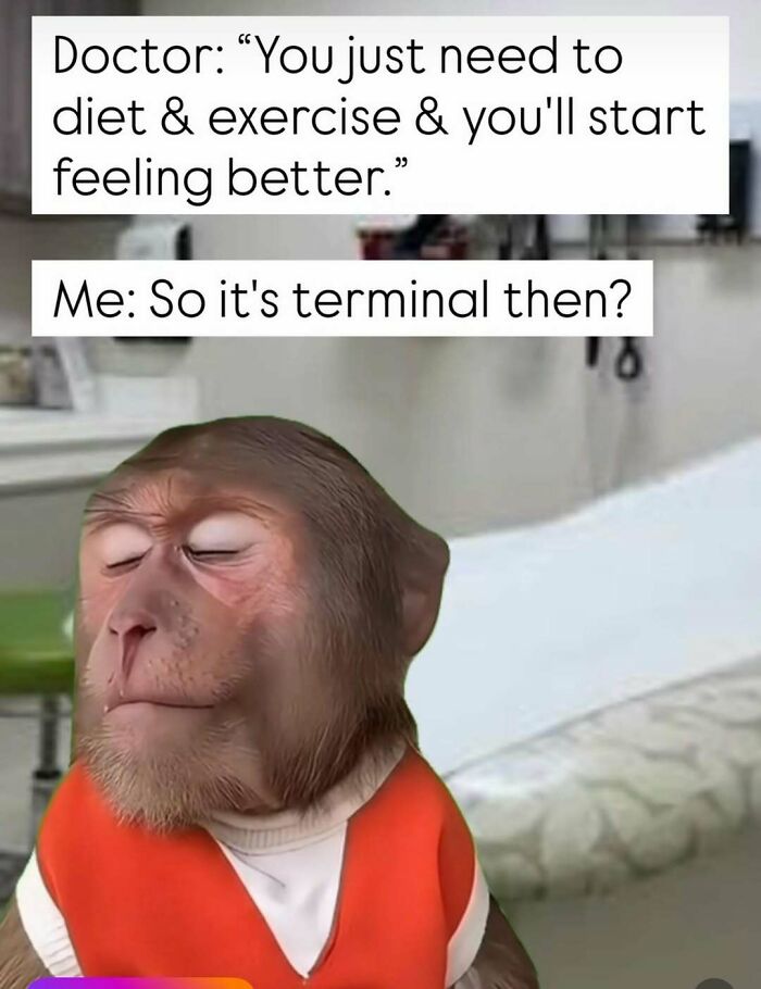 A funny meme featuring a monkey in an orange vest, reacting to diet advice. Bring out the laughter!