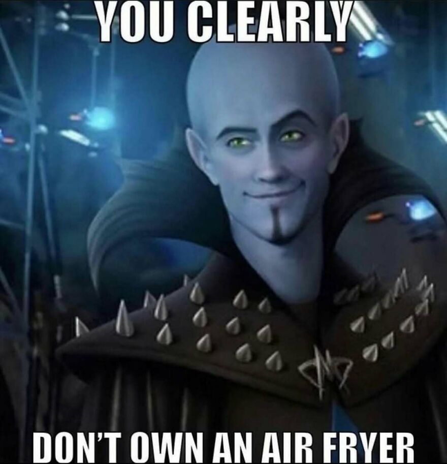 Meme of animated character referencing owning an air fryer in funny unhinged post