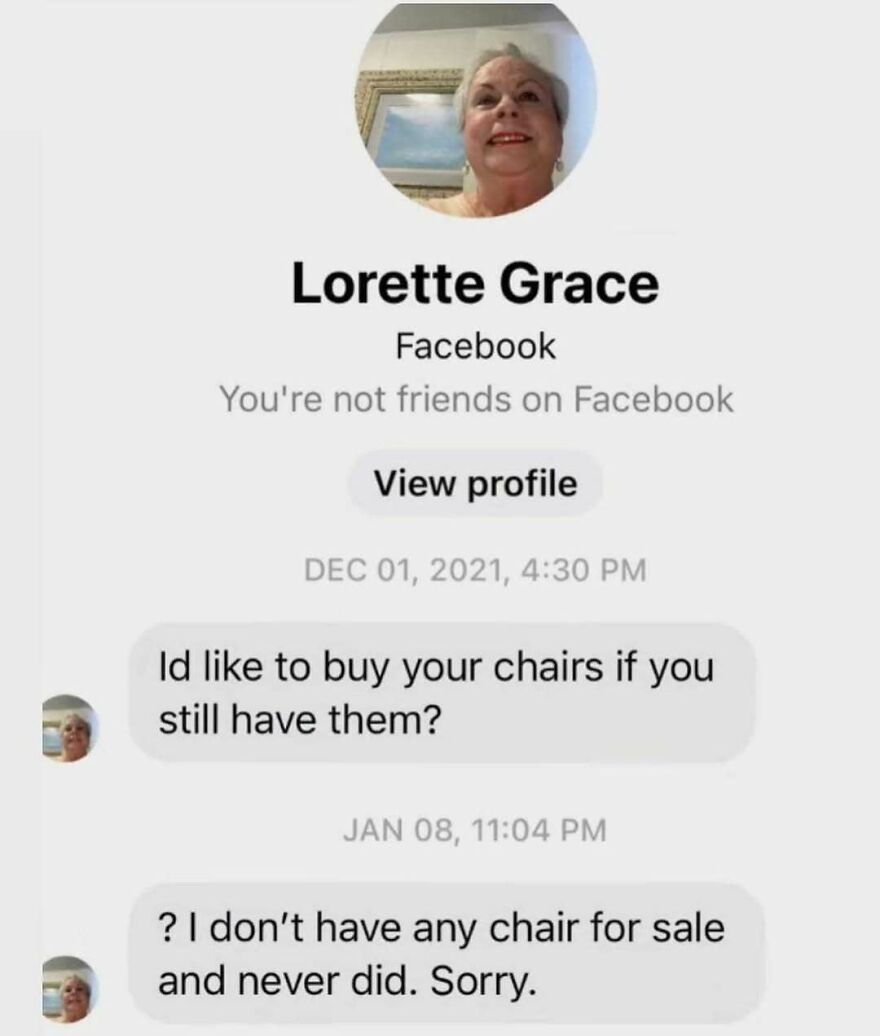 Screenshot of Facebook message about buying chairs in unhinged post