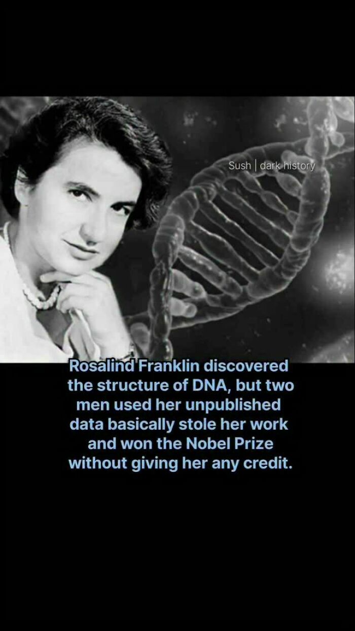 Portrait of Rosalind Franklin with DNA strand, revealing her uncredited scientific discovery