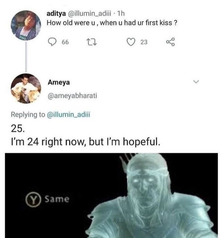 Twitter exchange about age of first kiss with hopeful caption