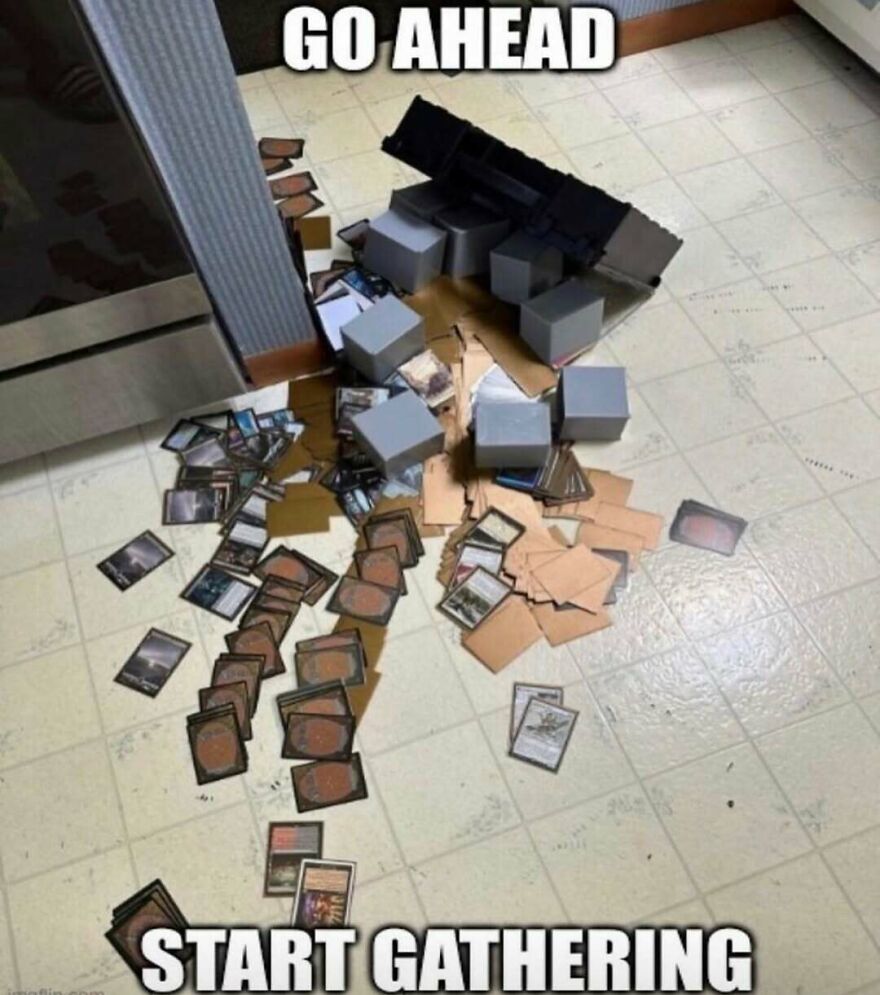 Spilled Magic the Gathering cards with text start gathering for card game fans