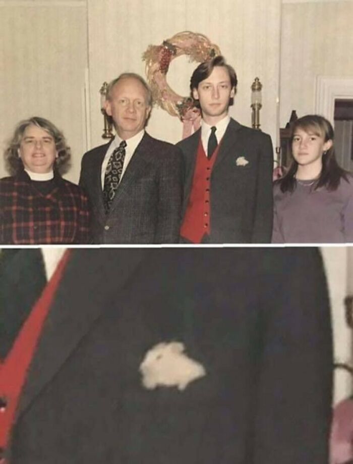Man in suit with small rabbit in jacket pocket close up