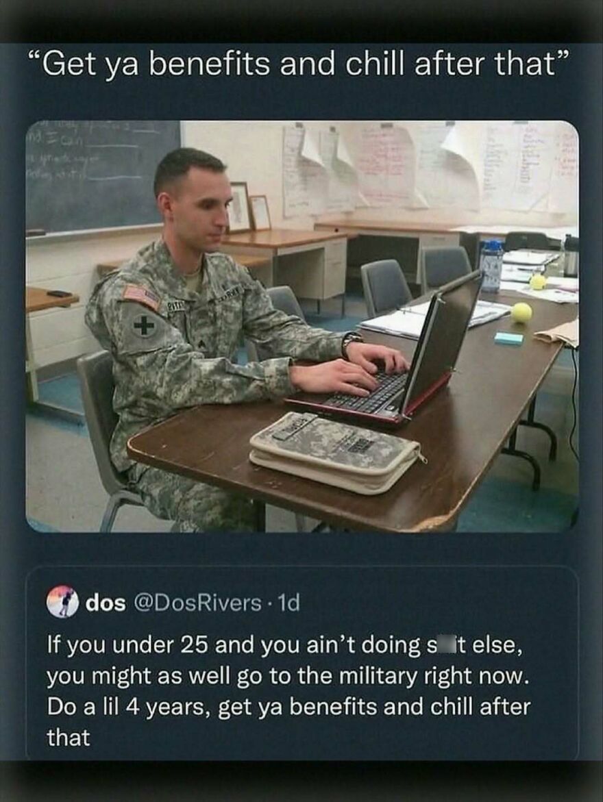 Military man typing on laptop with text about military benefits and chill