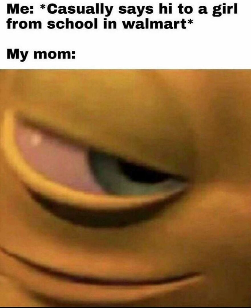Close up of smirking animated face with meme text about saying hi at Walmart