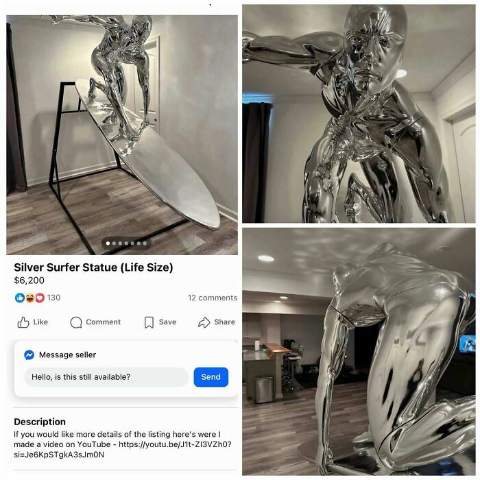 Life size silver surfer statue on Facebook Marketplace